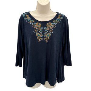 Sonoma Womens Navy Embroidered Floral Cotton 3/4 Sleeve Top Size M
